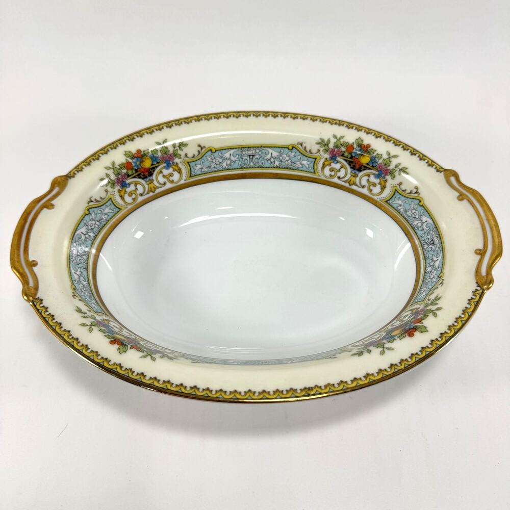 Vintage Noritake China Chine Blue Serving Bowl Floral Gold Trim Scrollwork